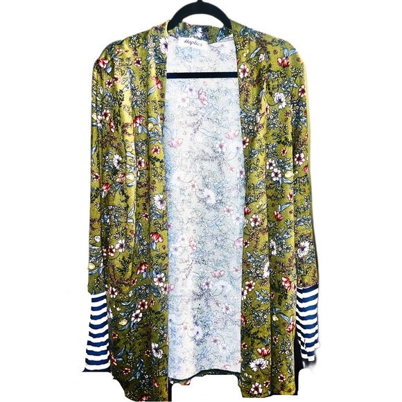 Green Mixed Print Maxi Cuff w/ Thumbholes Duster Cardigan - Picture 2 of 11